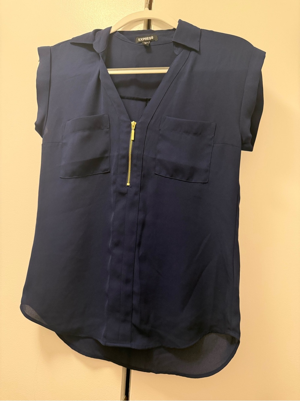 Express Navy Short-Sleeve Zip Front Blouse